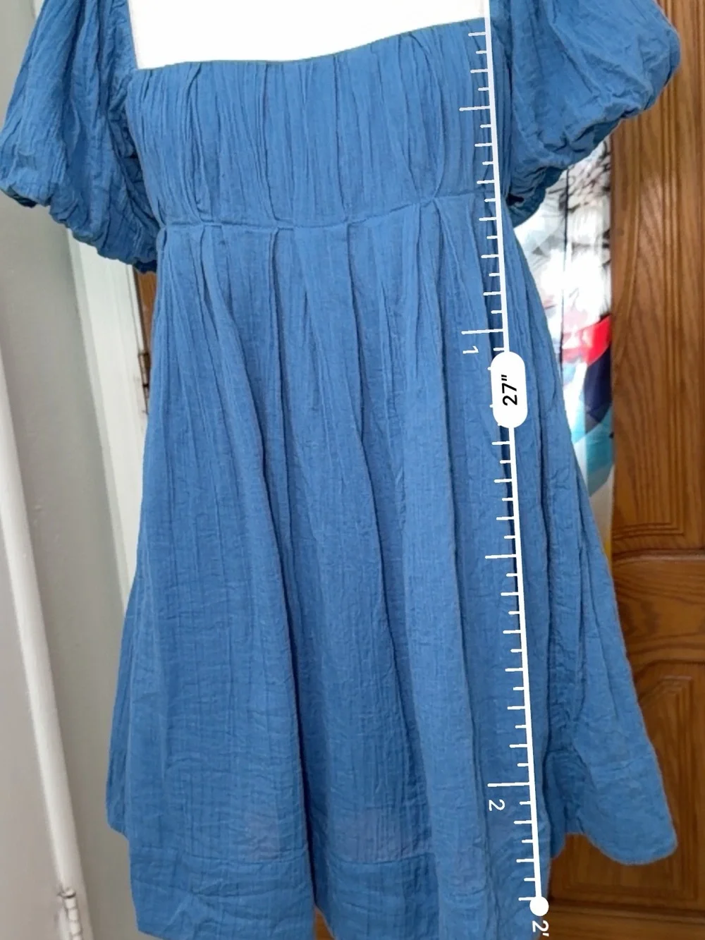 Free People Marina Mini Dress Blue Bell Puff Sleeve Open Back Tie Size M